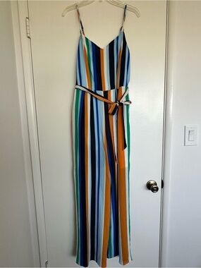Striped Multi-Color Sleeveless Pant Suit Romper with Belt